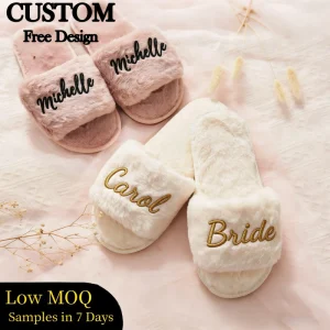 Custom Logo Letters Fashion Ladies Comfortable Soft Faux Fur Warm Slippers Bedroom Indoor Shoes Winter House Slippers Women