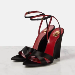 Custom Logo Luxury Summer Satin Cross Strap Ankle Buckles Women Open Pointed Toe High Wedge Heels Sandals Slingback Shoes