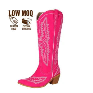Custom Logo Western Cowboy Embroidered Knee High Pink Women’s Cowgirl Boots Plus Size
