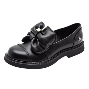 Custom Logo Women Loafers Round Toe Black Brown 3cm Chunky Women Loafer Shoes with Bowknot