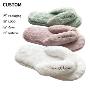 Custom Logo Women’s Fuzzy Rabbit Fur Warm Anti Slip Light Weight Flip Flops Soft Comfy Indoor Outdoor Flat Slip on All Seasons