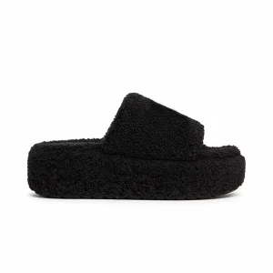 Custom Logo Women’s Open Toe Thick Sole Black Fluffy Teddy Fleece Platform Furry Slides Slippers for Men