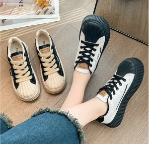 Custom Logo Women’s Soft White Casual Shoes PU Leather Mesh Lining Thick Bottom Flats Sneakers Board Shoes Spring