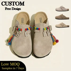 Custom Logo Women’s Suede Leather Clogs Slides Slipper with Cork Footbed and Rubber Sole for DIY Shoe Accessories