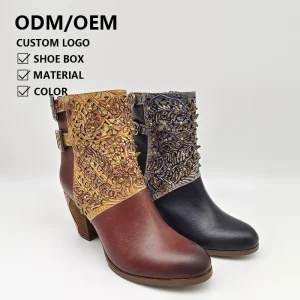 Custom Luxury Ladies Patchwork Cow Leather Chunky Heel Zipper High Heel Boots Retro Rivet Ethnic Handmade Women’s Ankle Boots