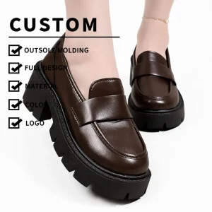 Custom New Design Style Woman Sexy Round Toe Thick Heels 6.5cm Ladies Loafers Shoes Solid Color Upper Fixed Instep Strap XiFY855