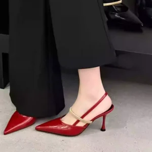 Custom OEM Private Label Women’s Elegant Metal Strap Solid Pointed Toe Elastic Band High Heel Pumps Summer Spring Chic Black Pa