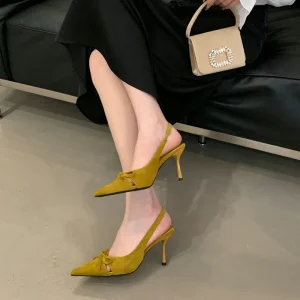 Custom OEM Private Label Women’s Sexy Elegant Bow Knot Solid Pointed Toe Elastic Band Stiletto Heel Pumps Fashion Yellow Summer
