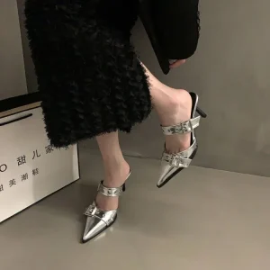 Custom OEM Private Label Women’s Sexy Spring Summer Edgy Buckle Rivet Solid Pointed Toe Strap Stiletto Heel Mules Y2K Punk Black
