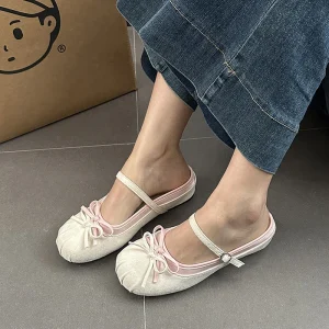 Custom OEM Private Label Women’s Spring Summer Korean Style Comfy Flexible Toe Buckle Strap Flat Heel Mary Jane Mules Suede