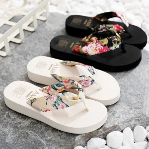 Custom Pattern Women’s Bohemian Satin Ribbon 4.5cm Summer Beach Casual Flip Flops for Women Outdoor Fashion Beach Slippers