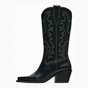 Custom Pointed Toe Low Heel Topstitched Leather Knee High Women Cowboy Boots