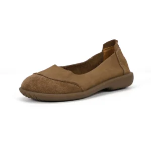 Custom Retro Round Toe Slip On Top Grain Cowhide Genuine Suede Leather Women Flat Casual Loafers Manufacturer Shoes