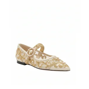 Custom Retro Women Beige Gold Embroidery Pearl Buckle Embroidered Ballet Flats