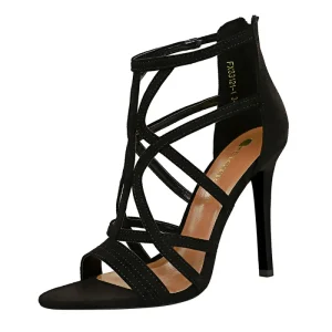 Custom Roman Style Women’s Black Suede Strappy High Heel Sandals with Pointed Open Toe Stiletto Heels Sexy Party Dress Shoes