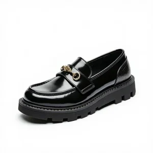 Custom Slip-On Women Casual Boat Shoes Size 42 Round Toe Black Leather 4.5cm Chunky Heel Ladies Loafers Shoes