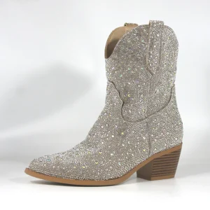 Custom Sparkly Rhinestone Premium Leather Embellished Low Chunky Heel Ankle Western Cowgirl Boots