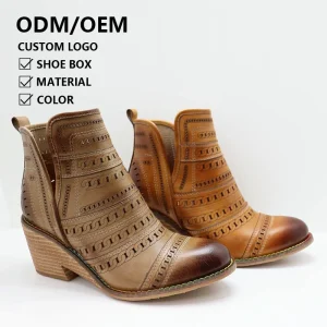 Custom Summer Female Hollow Out Ankle Boots Chunky Heel Thick Breathable Vintage Women’s Leather Short Boots