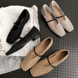 Custom Summer Hollow Out Ballet Shoes Mary Janes Woven Genuine Leather 2cm Low Heel Women Braid Ballerinas for Ladies