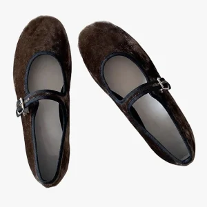 Custom Vintage Brown Single-Strap Velvet Ballet Flats Ballet Shoes Footwear Manufacturer for OEM/ODM Private Label