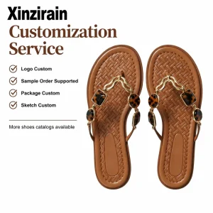 Custom Women Bohemian Metal Hardware Woven Thong Round Toe Flat Sandals