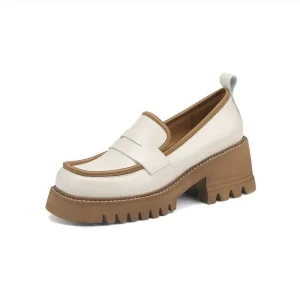 Custom Women British Style Leather Pumps Thick Soled Colorblock with Platform Bottom Beige Lazy Shoes