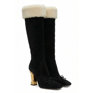 Custom Women Fur Suede Leather Knee High Boots Shearling Lining Block Chunky Heel Bow Boots