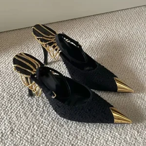 Custom Women Logo Metal Chain Point Toe Party High Heel Sandals