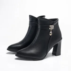 Custom Women’s Black Pointed Toe Block Heel Ankle Boots