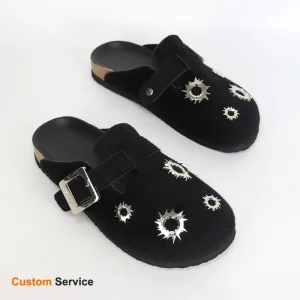 Custom Women’s Closed Toe Sandal Faux Mohair Steel Bullet Mules Flats Clogs Cork Slippers