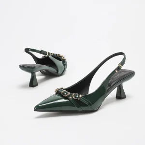 Custom Women’s Dark Emerald Green Patent Leather Chain Decor Pointed Toe Slingback Stiletto Heels