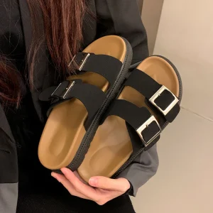 Custom Women’s Flat Sandals Anti Slip Feature New Design Double Strap Metal Buckle Slides
