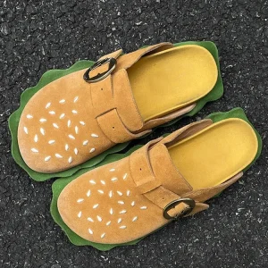Custom Women’s Hamburger Cow Suede Clogs Leather Mules Cork Sandals Slippers with Arch Support