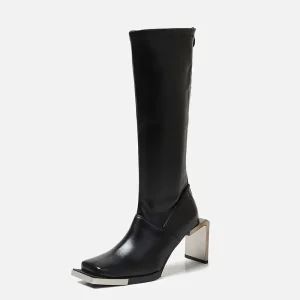 Custom Women’s Leather Cowboy Knee High Boots 6cm Metal Block Heel Square Steel Toe PU Insole Winter Autumn Western Style