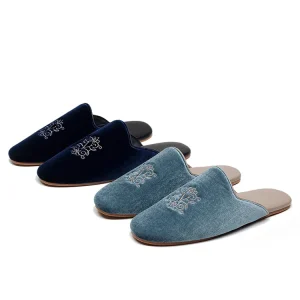 Custom Women’s Luxury Casual Velvet Upper Mule Leather Flats Loafer Hotel Slippers with Embroidery