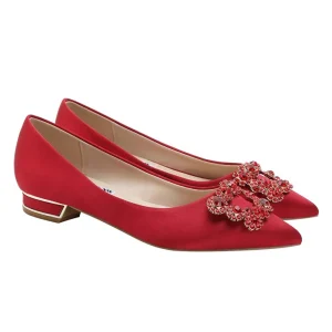 Custom Women’s Shoe Satin Red Color Pearl Buckle With Metal Low Heel Casual Dress Shoes