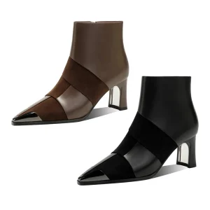 Custom Women’s Western Formal Pointed Toe Ankle Boots with Zip Closure Leather Suede Square Heel Booties Metal Toe Cap