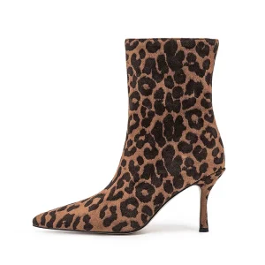 Customizable Women’s Leopard Print Brown Ankle Boots High Top Chelsea Boots with Plush Lining and Zip Closure