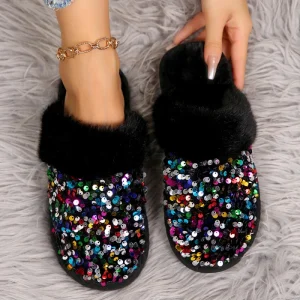 Customize BlingBling Colorful Warm Slippers for Women’s Winter Indoor Home Anti Slip Soft Bottom Slippers