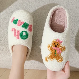 Customize Christmas Gingerbread Man Embroider Warm Slippers for Women’s Winter Indoor Home Anti-slip Soft Bottom