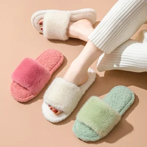Customize Colorful Candy Color Warm Open Toes Plush Slippers for Women’s Men Indoor Home Anti-slip Soft Slippers