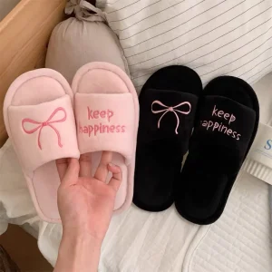 Customize Cute Bows and Letters Warm Open Toes Plush Slippers for Women’s Men Winter Indoor Home Anti Slip Soft