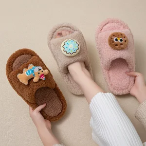 Customize Cute Dog and Cookies Warm Open Toes Plush Slippers for Women’s Men Winter Indoor Home Anti Slip Soft