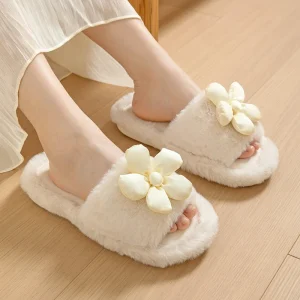 Customize Cute Flower Warm Open Toes Plush Slippers for Women’s Men Winter Indoor Home Anti Slip Soft Slippers