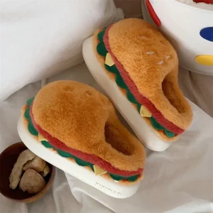 Customize Cute Hamburger Warm Slippers for Women’s Winter Indoor Home Anti Slip Soft Bottom Slippers
