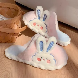 Customize Cute Rabbit Warm Closed Toes Plush Slippers for Women’s Men Winter Indoor Home Anti Slip Soft