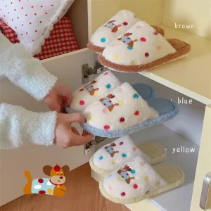 Customize Cute Spotted Dog Embroidery Warm Slippers for Women’s Winter Indoor Home Anti-slip Soft Bottom Slippers