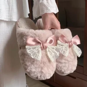 Customize Lace Bows Warm Slippers for Women’s Winter Indoor Home Anti Slip Soft Bottom Slippers