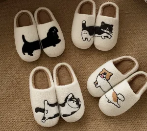 Customize Lightweight Women’s Fluffy Fur Embroidery Cat and Dog Soft Breathable Slippers Spring Autumn Winter Home Woman