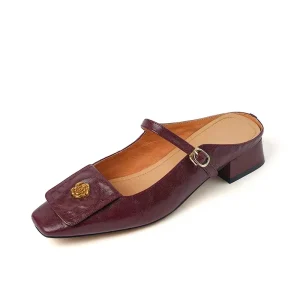 Customized High Quality Genuine Leather Women’s Square Toe Flat Mules Slippers Sandals Manufacturer